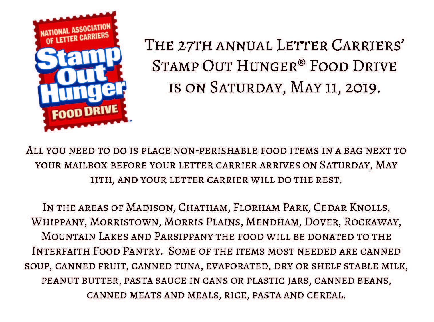 Stamp Out Hunger 2019 Interfaith Food Pantry